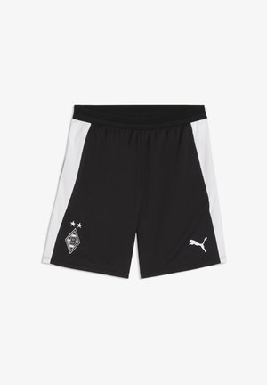 Czarno-białe spodenki sportowe z elastycznym pasem, logo Borussii Mönchengladbach na lewej nodze oraz logo Puma na prawej nodze.