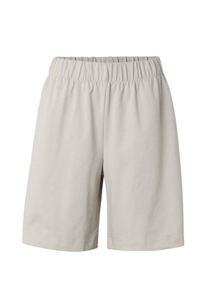 Lichtbeige casual shorts met elastische tailleband en rechte pijpen, afgebeeld tegen een witte achtergrond.