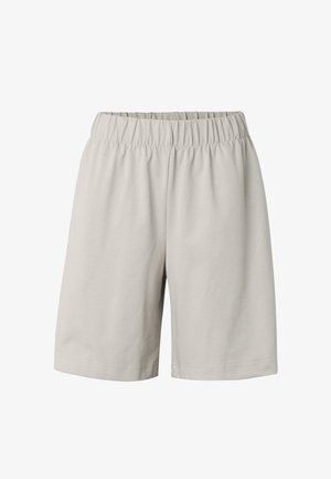 Lichtbeige casual shorts met elastische tailleband en rechte pijpen, afgebeeld tegen een witte achtergrond.
