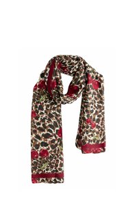 Šátek s leopardím potiskem a červenými třešněmi. Vyroben z lehkého materiálu, s hladkou strukturou a pevným červeným okrajem.