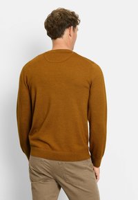Brauner Strickpullover mit langen Ärmeln, gerippten Bündchen und Rundhalsausschnitt. Kombiniert mit beigen Hosen, die eine strukturierte Stoffoptik zeigen.