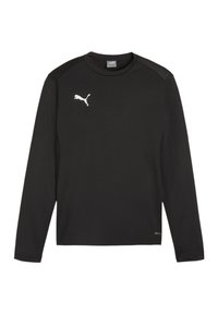 Zwart sportshirt met lange mouwen van lichtgewicht stof, voorzien van een wit Puma-logo op de borst en een naadloos schouderontwerp.