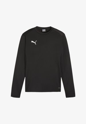 Camiseta deportiva de manga larga negra, confeccionada con una tela ligera, con un logo blanco de Puma en el pecho y un diseño de hombros sin costuras.