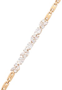 Bracciale dorato con pietre trasparenti tagliate ovali e a marquise, impostate a griffe, che si alternano a sezioni di anelli allungati.