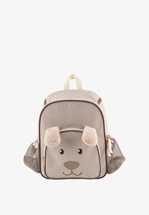 Children's backpack in beige fabric featuring a dog face design, fluffy ears, a front zipper pocket, and mesh side pockets.