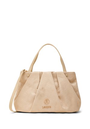 Borsa beige con texture, doppio manico corto, tracolla staccabile e piccolo logo dorato al centro frontale.