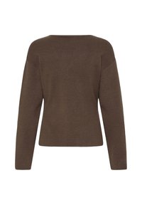Pull marron en maille à manches longues avec un ourlet droit et un col bateau, vu de dos sur fond blanc.