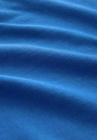 Zila auduma ar gludu tekstūru, ar viļņveida krokām, kas rada dinamisku izskatu. Krāsa ir vienveidīga un spilgta.