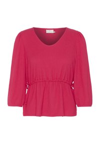 Lyserød ribbet bluse med V-hals, trekvart lange pufærmer og elastisk talje for en sammensamlet effekt. Casual pasform og struktureret stof.