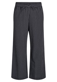 Pantaloni neri a gamba larga con strisce verticali bianche, vita elastica e dettaglio con cordoncino. Tessuto morbido e traspirante con una vestibilità comoda.