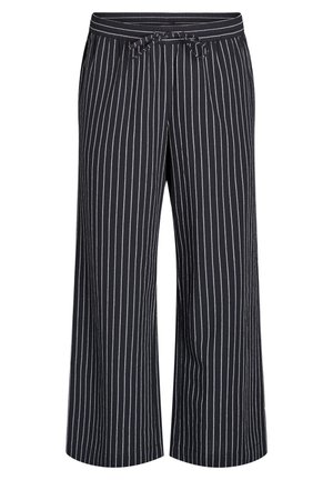 Pantalones de pierna ancha negros con rayas verticales blancas, cintura elástica y detalle de cordón. Tejido suave y transpirable con un ajuste relajado.