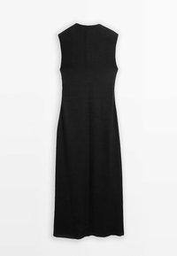 Mustassa hihattomassa mekossa on suora siluetti ja se on valmistettu teksturoidusta kankaasta. Mekossa on korkea kaula-aukko ja se ulottuu polven puoliväliin.