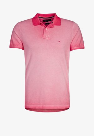 Men's short-sleeve pink polo shirt with buttoned collar and small embroidered logo on the left chest.