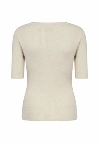 Beige ruggad kortärmad tröja med rund halsringning och en figurnära passform, tillverkad av mjukt tyg.