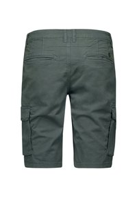 Donkergroene cargoshorts van een katoenmix, voorzien van twee achterzakken en twee zijvakken. Glad textuur en recht gesneden ontwerp.