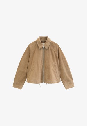 Light brown suede jacket with front zipper, wide collar, long sleeves, and two slant pockets on a white background.