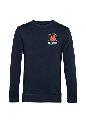 Marineblå langærmet sweatshirt i bomuldsblanding med et grafisk print af en boksehandske og tekst, der læser "Oxford University Boxing Blues."