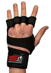 Små sorte fingerløse træningshandsker med velcro håndledsrem og logo patch, fremstillet af holdbart stof med en sikker pasform.