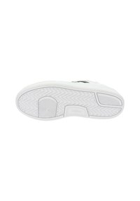 Biała podeszwa sportowa z gumowego materiału, z wzorem w jodełkę dla lepszej przyczepności, o zaokrąglonym kształcie i widocznym logo marki.