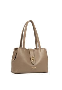 Borsa a tracolla in pelle marrone con finitura testurizzata, forma strutturata, dettagli in metallo dorato e due manici lunghi per il trasporto.