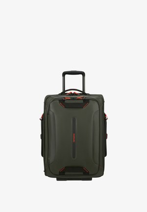 Green hard-shell suitcase with black accents, telescopic handle, zippered pockets, and orange zipper pulls. Rectangular shape, durable exterior.