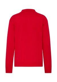 Roter Pullover mit langen Ärmeln und Kragen, aus glattem Stoff gefertigt, mit gerippte Bündchen und Saum, minimalistisches Design, ohne Muster.