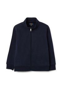 Marineblaue Zip-Up-Sweatjacke mit hohem Kragen, langen Ärmeln und gerippten Bündchen. Hergestellt aus weichem, glattem Stoff, mit schlichtem Design.