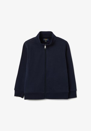 Navy blue zip-up sweatshirt with a high collar, long sleeves, and ribbed cuffs. Made of soft, smooth fabric, featuring a plain design.