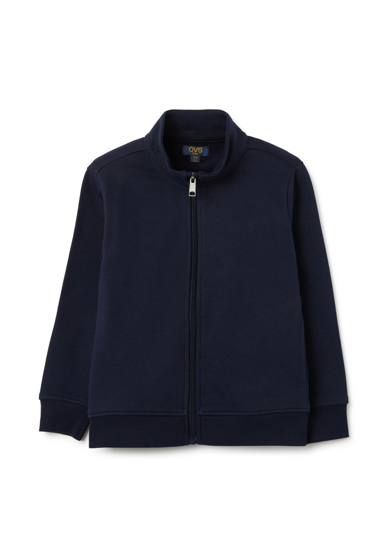 Marineblaue Zip-Up-Sweatjacke mit hohem Kragen, langen Ärmeln und gerippten Bündchen. Hergestellt aus weichem, glattem Stoff, mit schlichtem Design.
