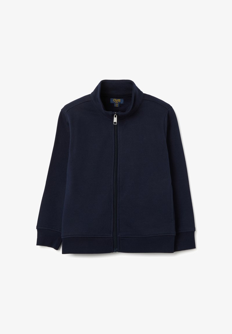 Marineblaue Zip-Up-Sweatjacke mit hohem Kragen, langen Ärmeln und gerippten Bündchen. Hergestellt aus weichem, glattem Stoff, mit schlichtem Design.