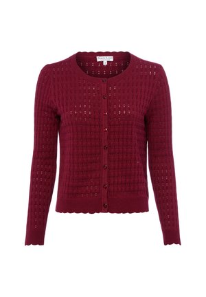 Bordeaux gebreid vest met kleine knoopsluitingen, lange mouwen, geschulpte zoom en opengewerkt vierkant patroon.