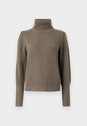 Bruine gebreide coltrui met lange mouwen, textuur met ribbelontwerp en een getailleerde silhoët. Eenvoudige en veelzijdige stijl.
