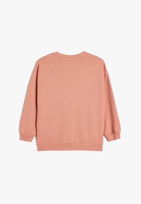 Sudadera rosa, material de algodón, corte relajado, cuello redondo, mangas largas, puños y dobladillo acanalados, textura suave, diseño minimalista.