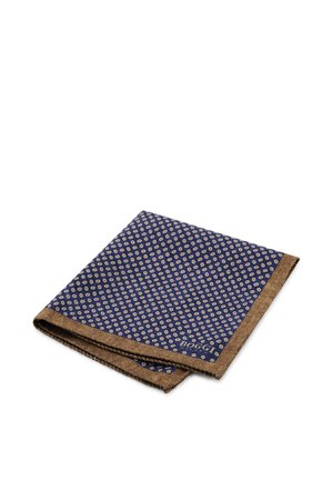 Blue pocket square with small beige circular pattern and brown border, folded with brand name "Boggi" visible on corner.