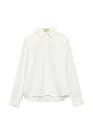 Biała koszula na długi rękaw z zapięciem na guziki, z ostrym kołnierzykiem i subtelną fakturą tkaniny, prezentowana na białym tle.