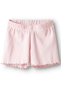 Zachte roze shorts met elastische tailleband en geruffelde randen, gemaakt van lichtgewicht, gladde stof, geschikt voor casual gebruik.