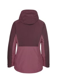 Waterdichte jas in tinten van pruin en donker bordeaux. Beschikt over een capuchon en een gladde, matte afwerking. Eenvoudig ontwerp zonder zichtbare hardware.