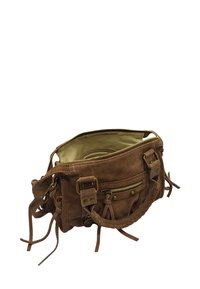 Sac à main en daim marron avec des zips, une poche avant et des détails en franges. Équipé de quincaillerie en laiton et d'une doublure beige. Design compact.