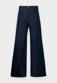 Mørkeblå vidbukser laget av denim, med to frontlommer, synlig søm, og knappeåpning i livet.