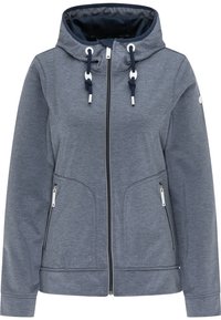 Veste grise à fermeture éclair avec capuche, dotée de cordons blancs, de poches latérales zippées et d'un tissu lisse et texturé.