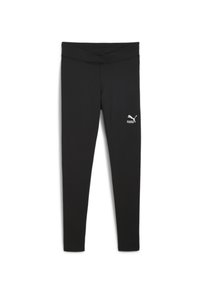 Leggings de sport noirs en tissu extensible, dotés d'une taille large et d'un petit logo blanc en bas de la jambe gauche.
