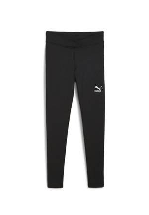 Mustad mustad spordileggingud, mis on valmistatud venivast kangast, laia vöökoha ja väikese valge logoga vasakul alljal.