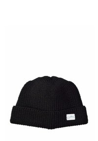 Black knitted beanie with a textured finish, featuring a turned-up cuff and a small rectangular logo tag on the front.