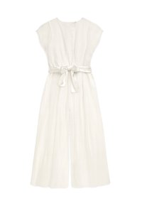 Weißer, fließender Jumpsuit mit kurzen Ärmeln, V-Ausschnitt und gebundenem Taillengürtel. Besitzt ein weites Bein-Design und besteht aus leichtem, sanftem Stoff.