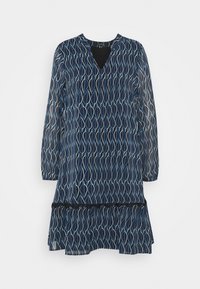 Navyblaues Kleid mit V-Ausschnitt, langen transparenten Ärmeln und einem gestuften Rüschensaum. Hat ein geometrisches Blattmuster in helleren Blautönen.