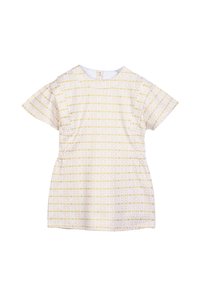 Abito bianco con motivo geometrico dorato, maniche corte, scollo rotondo e vestibilità rilassata. Tessuto liscio con una leggera lucentezza.