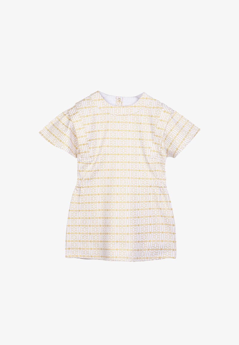 Abito bianco con motivo geometrico dorato, maniche corte, scollo rotondo e vestibilità rilassata. Tessuto liscio con una leggera lucentezza.