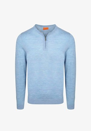 Lichtblauwe pullover met lange mouwen, korte ritssluiting aan de voorkant en ronde halslijn, effen gebreide textuur, en aansluitende boorden en zoom.