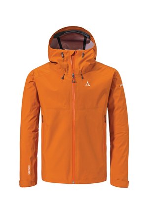Orangene wasserdichte Jacke mit Kapuze, Frontreißverschluss, verstellbaren Schnüren und seitlichen Reißverschlusstaschen. Mit kontrastierenden Reißverschlüssen und Logodetails.