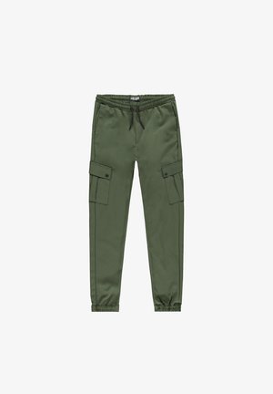 Groene cargobroek met een tailleband met trekkoord, klepzakken aan de zijkant en elastische boorden. Gemaakt van een gladde, duurzame stof. Geen patronen.